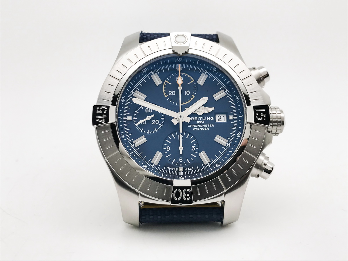 Avenger Chrono 45mm Stainless Steel Nylon Leather Strap Blue Stick Markers 7750