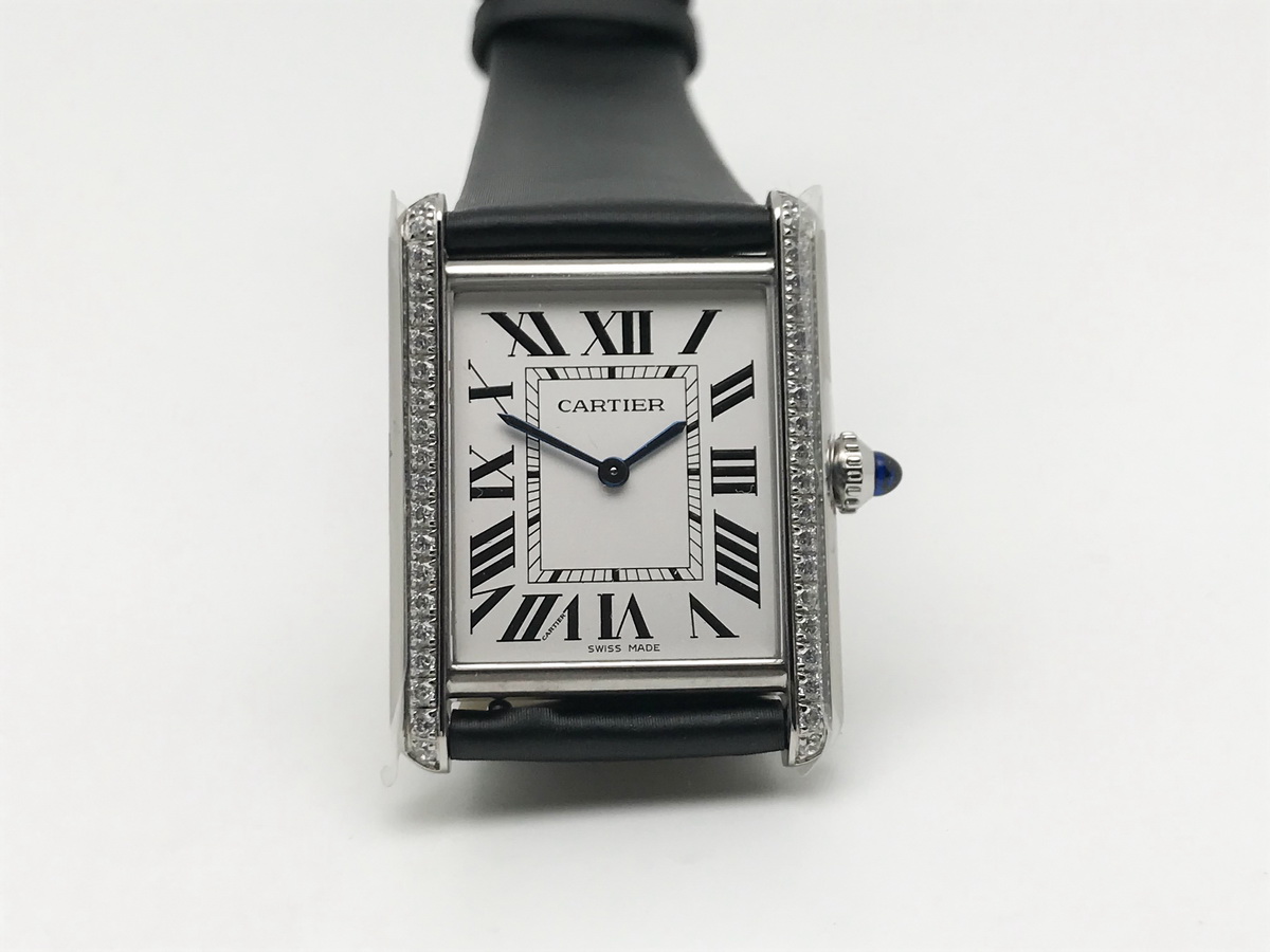 Tank Must 34mm Large Stainless Steel White Dial Black Satin Leather Strap Quartz